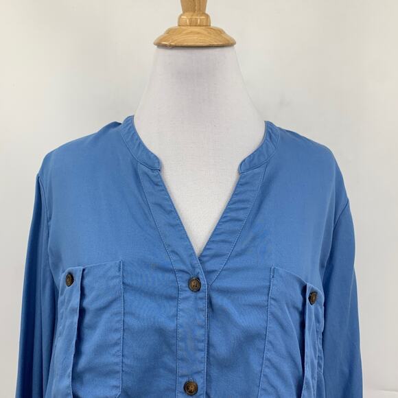 J Jill Shirt Women L Large Copen Blue Tab Sleeve Button Up Pockets Long Sleeve - Picture 4 of 14